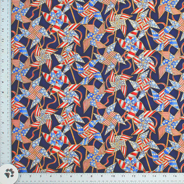 American Flag Sprials Print Fabric by the Yard is an patriatic colection of Flag Sprials spinners packed together on all cotton fabric/44" wide. Manufactured by Hoffman Of California.