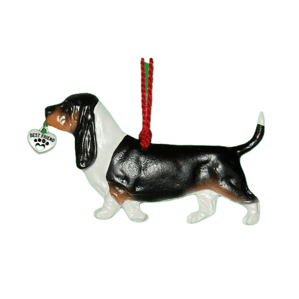 Fun Hand-Crafted Basset Hound Black Tri Dog Christmas Ornaments made from durable break-resistant resin, hand-painted for a realistic look. Many Dog Breed Ornaments are represented in various breed color patterns to uniquely decorate your tree or a stand for year long use. Order Dog Ornaments customized to match your Own Best Friend's colors and markings. Heart charm included plus others from which to choose. Yuletide Decorations for the season.