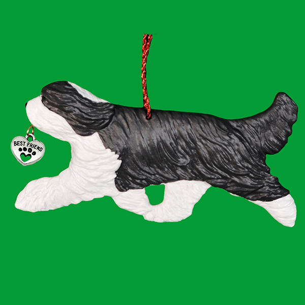 Fun Hand-Crafted Bearded-collie Dog Christmas Ornaments made from durable break-resistant resin, hand-painted for a realistic look. Many Dog Breed Ornaments are represented in various breed color patterns to uniquely decorate your tree or a stand for year long use. Order Dog Ornaments customized to match your Own Best Friend's colors and markings. Heart charm included plus others from which to choose. Yuletide Decorations for the season.