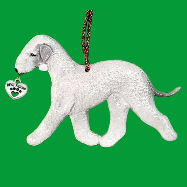 Fun Hand-Crafted Bedlington-Terrier-Blue Dog Christmas Ornaments made from durable break-resistant resin, hand-painted for a realistic look. Many Dog Breed Ornaments are represented in various breed color patterns to uniquely decorate your tree or a stand for year long use. Order Dog Ornaments customized to match your Own Best Friend's colors and markings. Heart charm included plus others from which to choose. Yuletide Decorations for the season