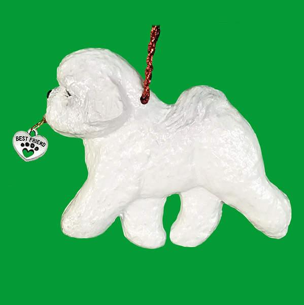 Fun Hand-Crafted Bichon-Frise Dog Christmas Ornaments made from durable break-resistant resin, hand-painted for a realistic look. Many Dog Breed Ornaments are represented in various breed color patterns to uniquely decorate your tree or a stand for year long use. Order Dog Ornaments customized to match your Own Best Friend's colors and markings. Heart charm included plus others from which to choose. Yuletide Decorations for the season.