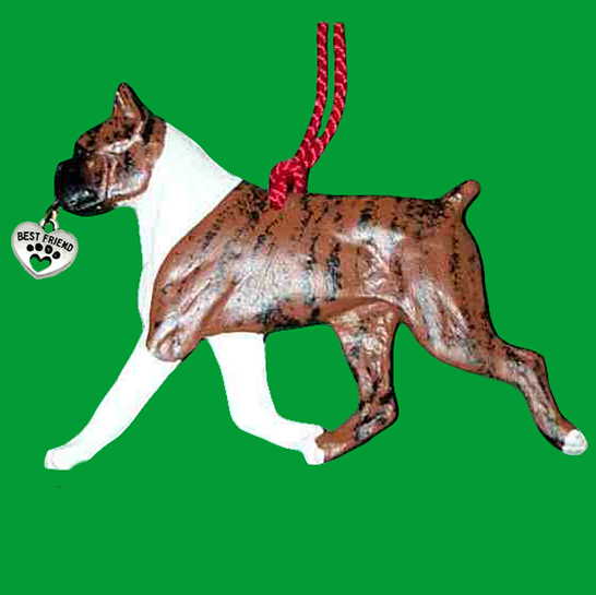 Fun Hand-Crafted Boxer-cropped-Brindle Dog Christmas Ornaments made from durable break-resistant resin, hand-painted for a realistic look. Many Dog Breed Ornaments are represented in various breed color patterns to uniquely decorate your tree or a stand for year long use. Order Dog Ornaments customized to match your Own Best Friend's colors and markings. Heart charm included plus others from which to choose. Yuletide Decorations for the season.