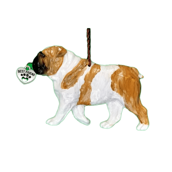 Fun Hand-Crafted Bulldog Dog Christmas Ornaments made from durable break-resistant resin, hand-painted for a realistic look. Many Dog Breed Ornaments are represented in various breed color patterns to uniquely decorate your tree or a stand for year long use. Order Dog Ornaments customized to match your Own Best Friend's colors and markings. Heart charm included plus others from which to choose. Yuletide Decorations for the season.