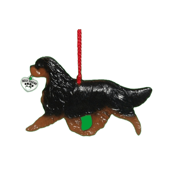 Fun Hand-Crafted Cavalier Black and Tan Dog Christmas Ornaments made from durable break-resistant resin, hand-painted for a realistic look. Many Dog Breed Ornaments are represented in various breed color patterns to uniquely decorate your tree or a stand for year long use. Order Dog Ornaments customized to match your Own Best Friend's colors and markings. Heart charm included plus others from which to choose. Yuletide Decorations for the season.