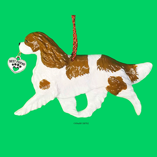 Fun Hand-Crafted Cavalier Blenheim-Christmas Ornaments are made from durable break-resistant resin, hand-painted for a realistic look. Many Dog Breed Ornaments are represented in various breed color patterns to uniquely decorate your tree or a stand for year long use. Order Dog Ornaments customized to match your Own Best Friend's colors and markings. Heart charm included plus others from which to choose. Yuletide Decorations for the season