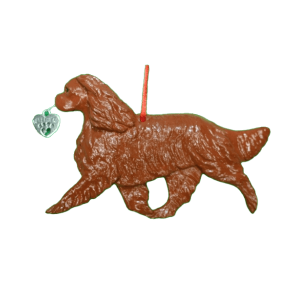 Fun Hand-Crafted Cavalier Ruby Dog Christmas Ornaments made from durable break-resistant resin, hand-painted for a realistic look. Many Dog Breed Ornaments are represented in various breed color patterns to uniquely decorate your tree or a stand for year long use. Order Dog Ornaments customized to match your Own Best Friend's colors and markings. Heart charm included plus others from which to choose. Yuletide Decorations for the season.