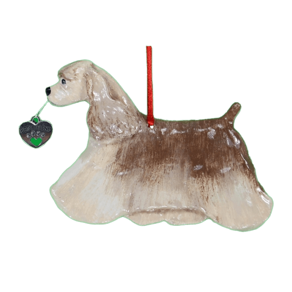 Fun Hand-Crafted Cocker Spaniel Dog Christmas Ornaments made from durable break-resistant resin, hand-painted for a realistic look. Many Dog Breed Ornaments are represented in various breed color patterns to uniquely decorate your tree or a stand for year long use. Order Dog Ornaments customized to match your Own Best Friend's colors and markings. Heart charm included plus others from which to choose. Yuletide Decorations for the season.