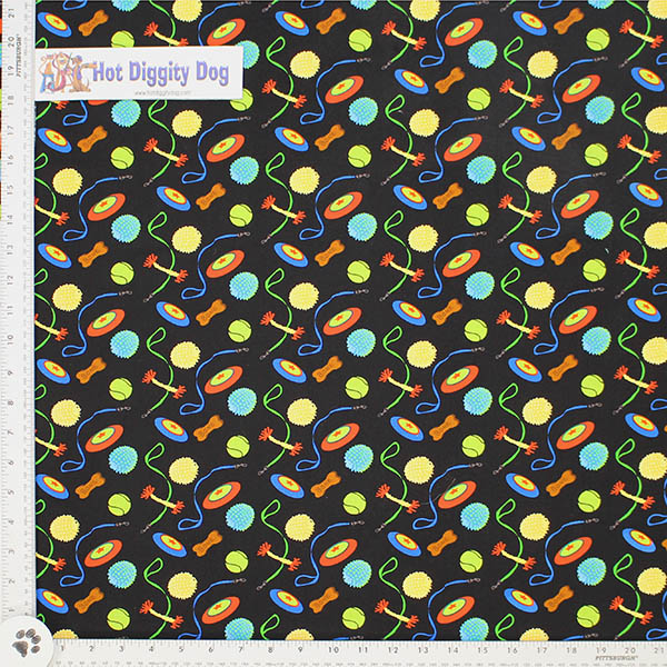 Brightly colored Dog Toys & Frisbies printed throughout All Cotton 44" wide Fabric by Benartex