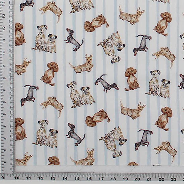 Many Dog Breeds Printed with vertical stripes light blue grey fabric
