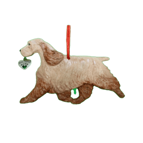 Fun Hand-Crafted English Cocker Spaniel Dog Christmas Ornaments made from durable break-resistant resin, hand-painted for a realistic look. Many Dog Breed Ornaments are represented in various breed color patterns to uniquely decorate your tree or a stand for year long use. Order Dog Ornaments customized to match your Own Best Friend's colors and markings. Heart charm included plus others from which to choose. Yuletide Decorations for the season.