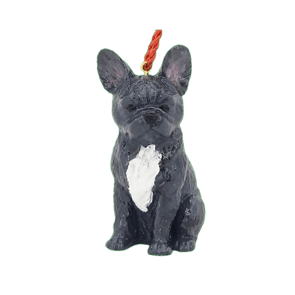 Fun Hand-Crafted French Bulldog Blue 3d Dog Christmas Ornaments made from durable break-resistant resin, hand-painted for a realistic look. Many Dog Breed Ornaments are represented in various breed color patterns to uniquely decorate your tree or a stand for year long use. Order Dog Ornaments customized to match your Own Best Friend's colors and markings. Heart charm included plus others from which to choose. Yuletide Decorations for the season.