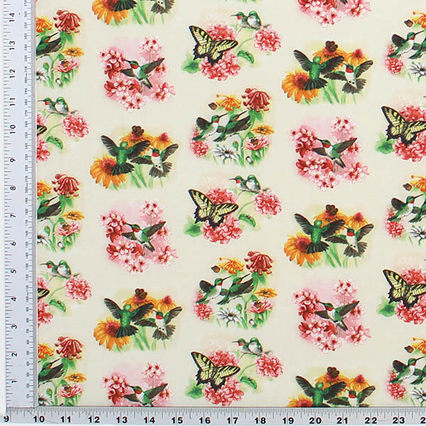 Hummingbirds & Flowers Fabric-All Cotton-44" wide-Colors include Hot Pink, Light Pink, Green, and Orange by Elizabeth Studios
