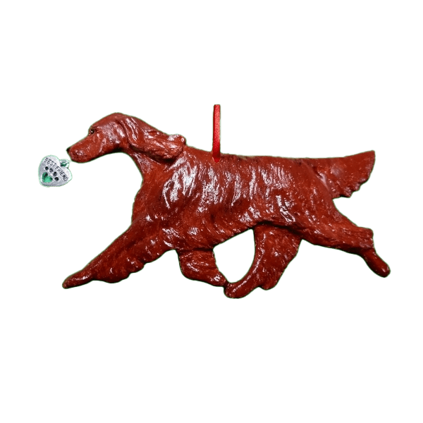 Fun Hand-Crafted Irish Setter Dog Christmas Ornaments made from durable break-resistant resin, hand-painted for a realistic look. Many Dog Breed Ornaments are represented in various breed color patterns to uniquely decorate your tree or a stand for year long use. Order Dog Ornaments customized to match your Own Best Friend's colors and markings. Heart charm included plus others from which to choose. Yuletide Decorations for the season.