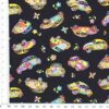 All cotton fabric printed all over with colorful lovebug-type retro cars-antique cars on a black background. Made by Nutex Fabrics of New Zealand 44" wide. 