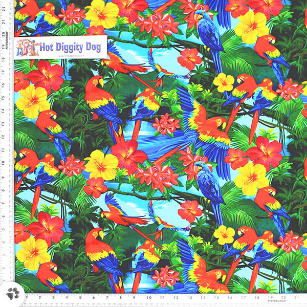 Macaws Jungle Print Fabric by the Yard/All cotton/44" wide. Colors are red, yellow, blues, & greens. By Timeless Treasures Fabrics