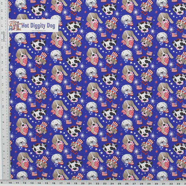 Patriotic Dogs Print Fabric/All cotton/44"wide/Dogs with Flag bandanas & hats on a blue background with stars and flags throughout/by QPN Studios