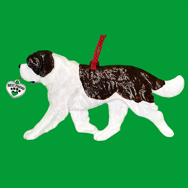 Fun Hand-Crafted Saint Bernard Dog Christmas Ornaments made from durable break-resistant resin, hand-painted for a realistic look. Many Dog Breed Ornaments are represented in various breed color patterns to uniquely decorate your tree or a stand for year long use. Order Dog Ornaments customized to match your Own Best Friend's colors and markings. Heart charm included plus others from which to choose. Yuletide Decorations for the season.