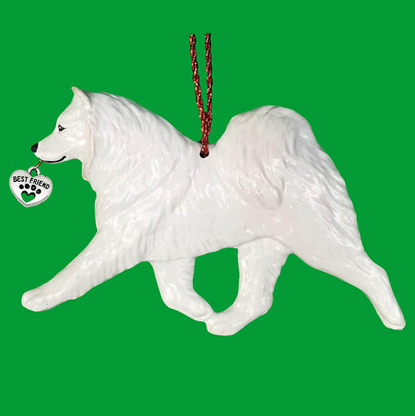 Fun Hand-Crafted Samoyed Dog Christmas Ornaments made from durable break-resistant resin, hand-painted for a realistic look. Many Dog Breed Ornaments are represented in various breed color patterns to uniquely decorate your tree or a stand for year long use. Order Dog Ornaments customized to match your Own Best Friend's colors and markings. Heart charm included plus others from which to choose. Yuletide Decorations for the season.