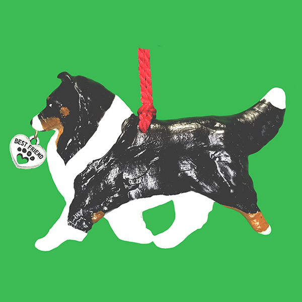 Fun Hand-Crafted Shelti Tri Dog Christmas Ornaments made from durable break-resistant resin, hand-painted for a realistic look. Many Dog Breed Ornaments are represented in various breed color patterns to uniquely decorate your tree or a stand for year long use. Order Dog Ornaments customized to match your Own Best Friend's colors and markings. Heart charm included plus others from which to choose. Yuletide Decorations for the season.