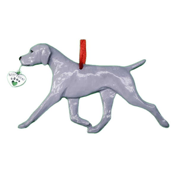 Fun Hand-Crafted Weimaraner Dog Christmas Ornaments made from durable break-resistant resin, hand-painted for a realistic look. Many Dog Breed Ornaments are represented in various breed color patterns to uniquely decorate your tree or a stand for year long use. Order Dog Ornaments customized to match your Own Best Friend's colors and markings. Heart charm included plus others from which to choose. Yuletide Decorations for the season.