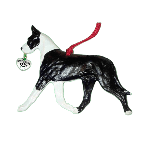 Fun Hand-Crafted Great Dane Tuxedo Cropped Dog Christmas Ornaments made from durable break-resistant resin, hand-painted for a realistic look. Many Dog Breed Ornaments are represented in various breed color patterns to uniquely decorate your tree or a stand for year long use. Order Dog Ornaments customized to match your Own Best Friend's colors and markings. Heart charm included plus others from which to choose. Yuletide Decorations for the season.