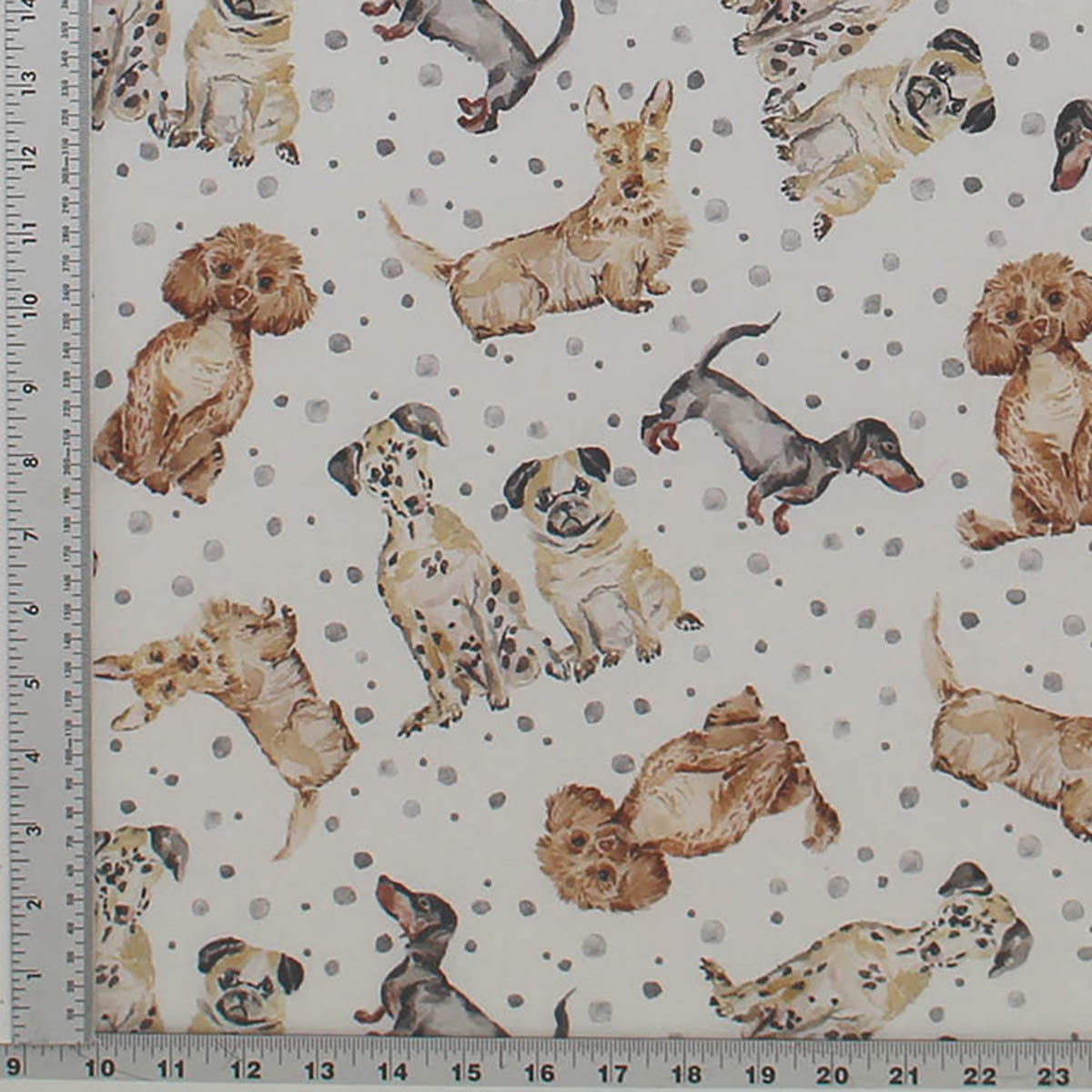 Dogs and Dots print fabrics have many Dog Breed Images including Pugs, Dachshunds, Dalmatians, Scotties, and Poodles, which are printed in natural colors onto all cotton white background fabric with scattered light grey dots. Made by Michael Miller Fabrics.