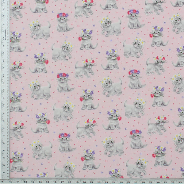 Pink Background with grey Furry Princess kittens with colorful flower tiaras of hot pink, yellows and lilac. Hot Pink and Lilac extra small paw prints in background