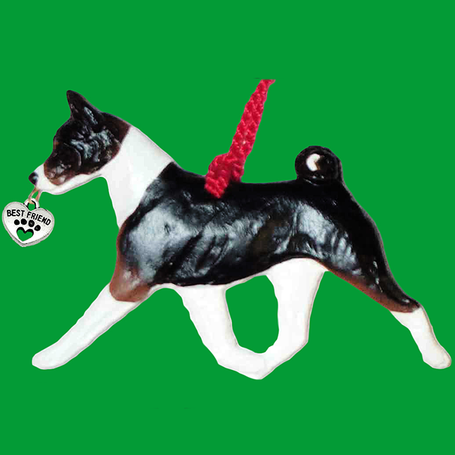 Fun Hand-Crafted Basenji-tri Dog Christmas Ornaments made from durable break-resistant resin, hand-painted for a realistic look. Many Dog Breed Ornaments are represented in various breed color patterns to uniquely decorate your tree or a stand for year long use. Order Dog Ornaments customized to match your Own Best Friend's colors and markings. Heart charm included plus others from which to choose. Yuletide Decorations for the season.
