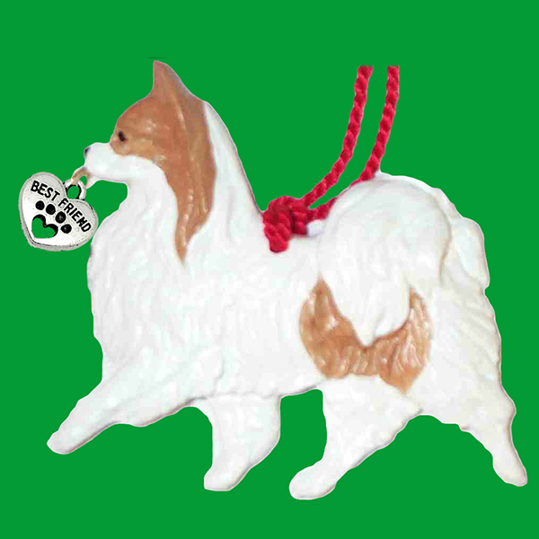 Fun Hand-Crafted Papillon Red and White Dog Christmas Ornaments made from durable break-resistant resin, hand-painted for a realistic look. Many Dog Breed Ornaments are represented in various breed color patterns to uniquely decorate your tree or a stand for year-long use. Order Dog Ornaments customized to match your Own Best Friend's colors and markings. Heart charm included plus others from which to choose. Yuletide Decorations for the season.