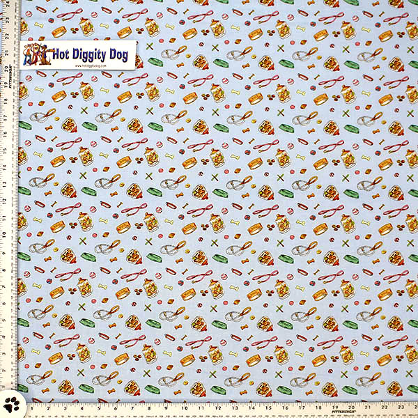 Dog Leashes, bowl, treats and collars printed on light blue All Cotton 44 " wide fabric, by Cloth Works
