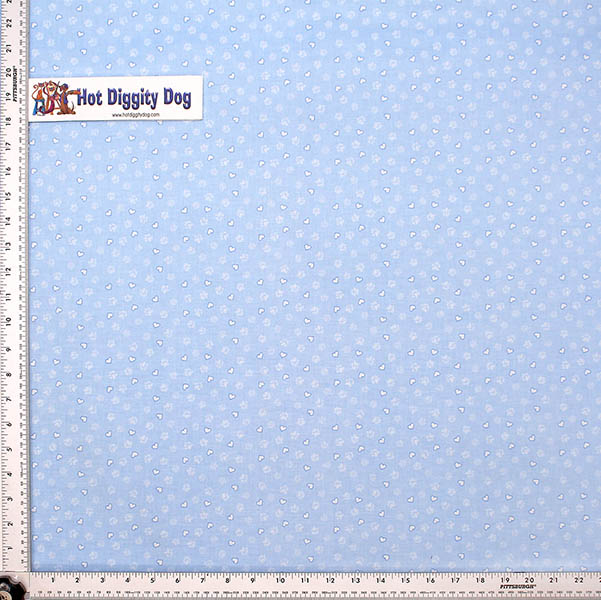 Dog Hearts & Paws-Blue Print Fabric is small white hearts and paws printed on a blue background of All Cotton/44″ wide/ fabric, sold by the yard, by Cloth Works Fabrics