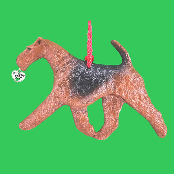 Fun Hand-Crafted Airedale Terrier Dog Christmas Ornaments using durable break-resistant resin, hand-painted for a realistic look. Many Dog Breed Ornaments are represented in various breed color patterns to uniquely decorate your tree or a stand for yearlong use. Order Dog Ornaments customized to match your Own Best Friend's colors and markings. Heart charm included plus others from which to choose. Yuletide Decorations for the season.